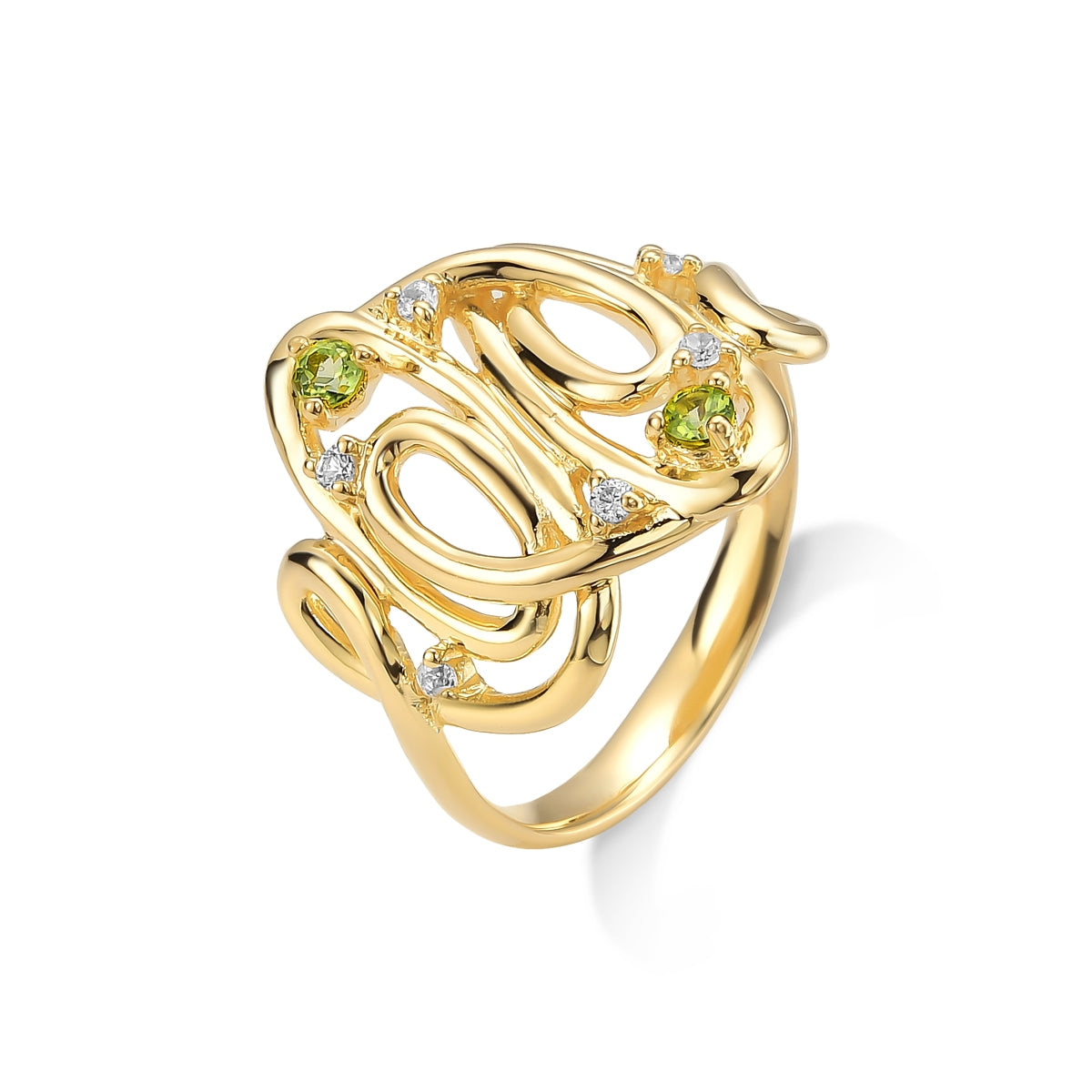 Anel Beija Flor em Ouro Vermeil 18K ou Ródio  Branco, Peridotos e Safiras Brancas