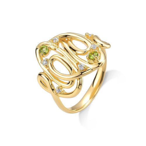 Anel Beija Flor em Ouro Vermeil 18K ou Ródio  Branco, Peridotos e Safiras Brancas
