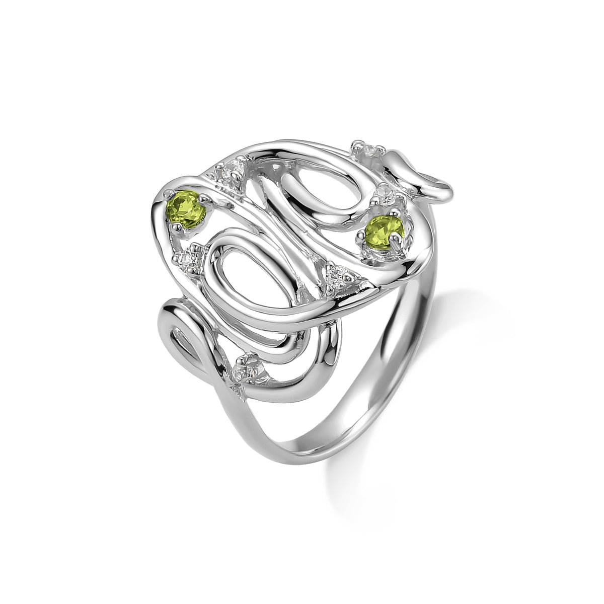 Anel Beija Flor em Ouro Vermeil 18K ou Ródio  Branco, Peridotos e Safiras Brancas