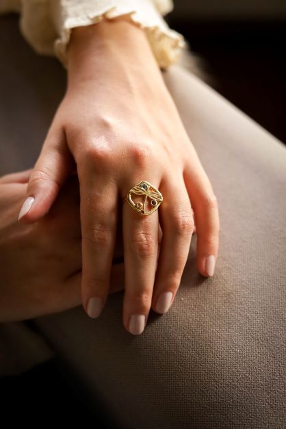 Anel Leveza em Ouro Vermeil 18k Topázio Azul, Granada e Citrino