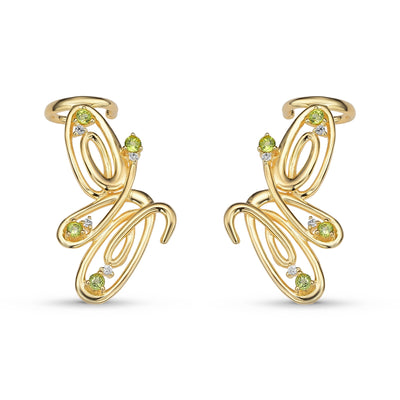 Brinco Ear Cuff Beija Flor em Ouro Vermeil 18K ou Ródio Branco, Peridotos e Safiras Brancas
