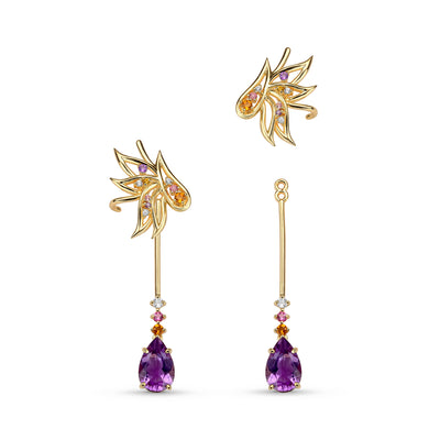 Brinco Strelitzia em Ouro Vermeil 18K Turmalinas Rosas, Ametistas, Safiras Brancas e Citrinos