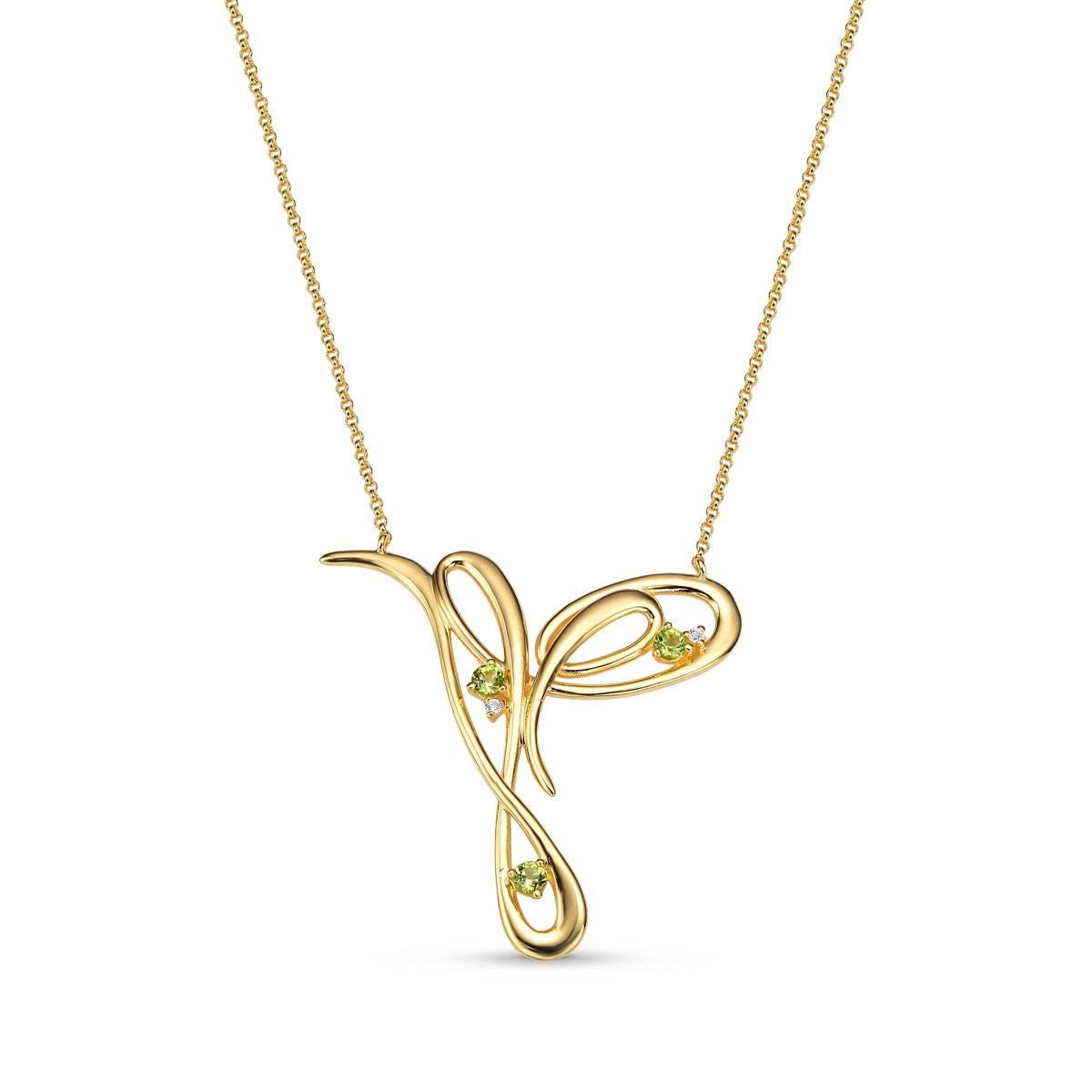 Colar Beija Flor em Ouro Vermeil 18K ou Ródio Branco, Peridotos e Safiras Brancas